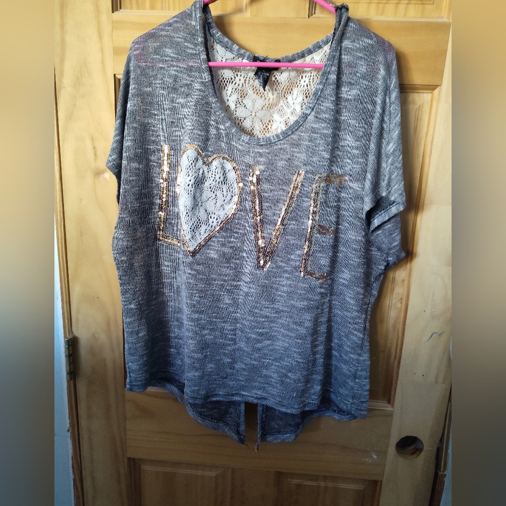 Nwot Gray Love Graphic Top with Lace Detail